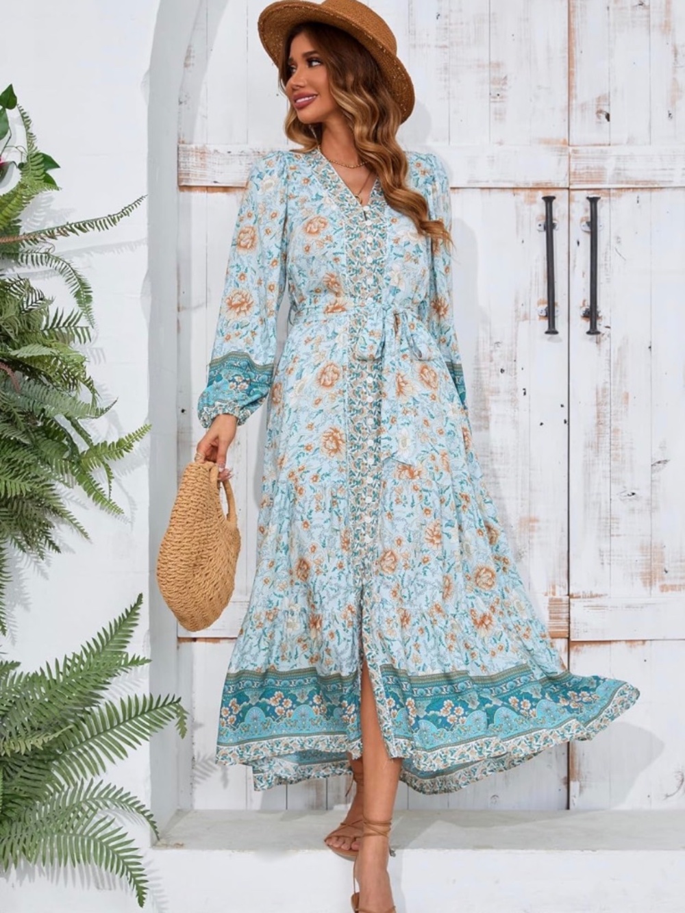 Women's Boho Turqoise Floral Print Button Down Midi Dress